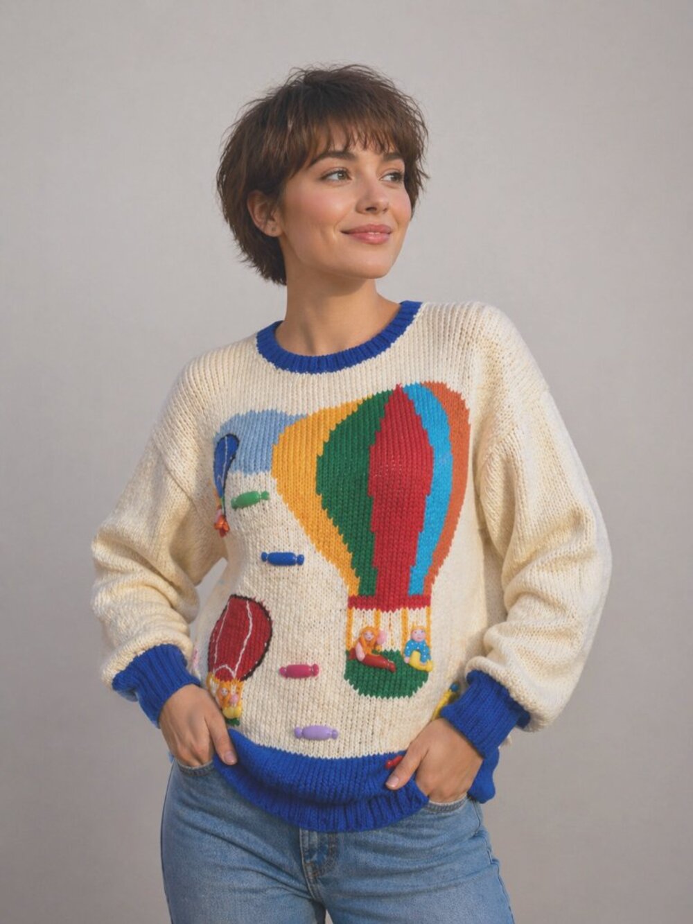 Vintage 80's Hot Air Balloon Knit Sweater Cotton Peru 3D Applique M L